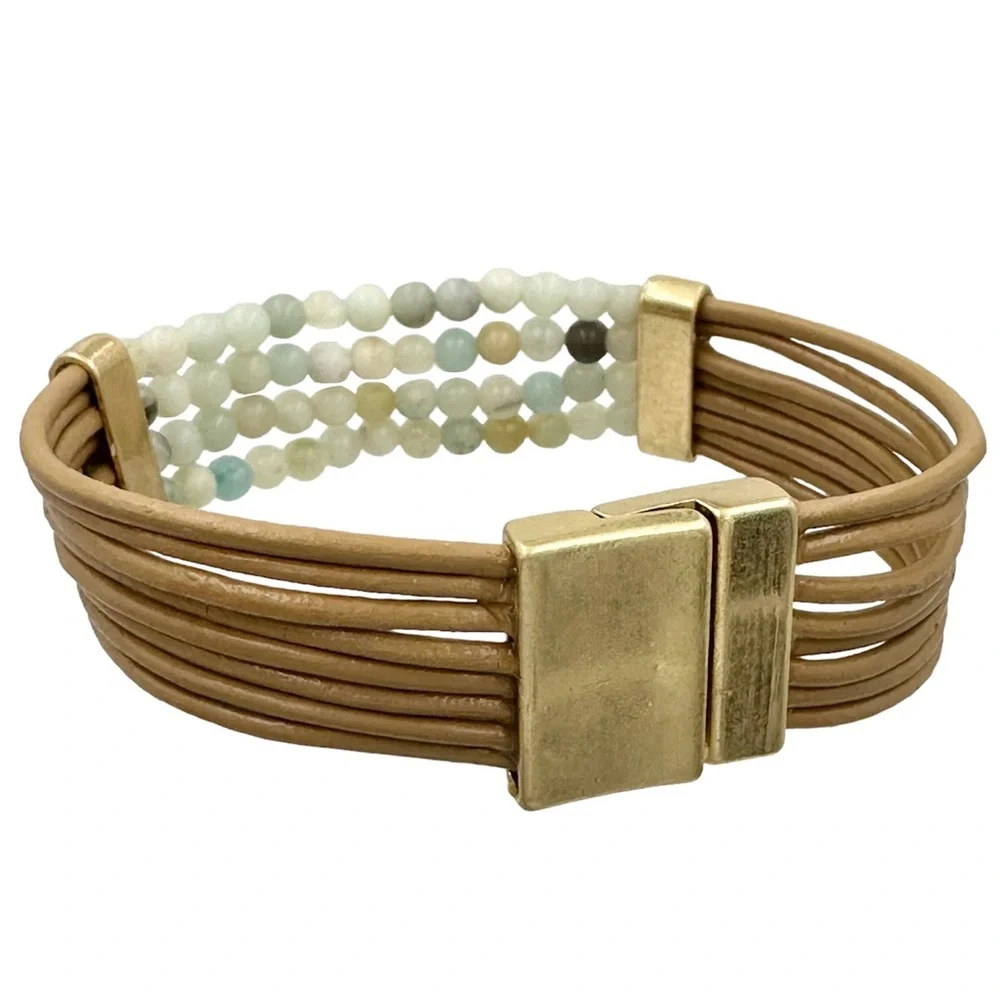 Amazonite Stone & Brown Leather Cord Strap Bracelet
